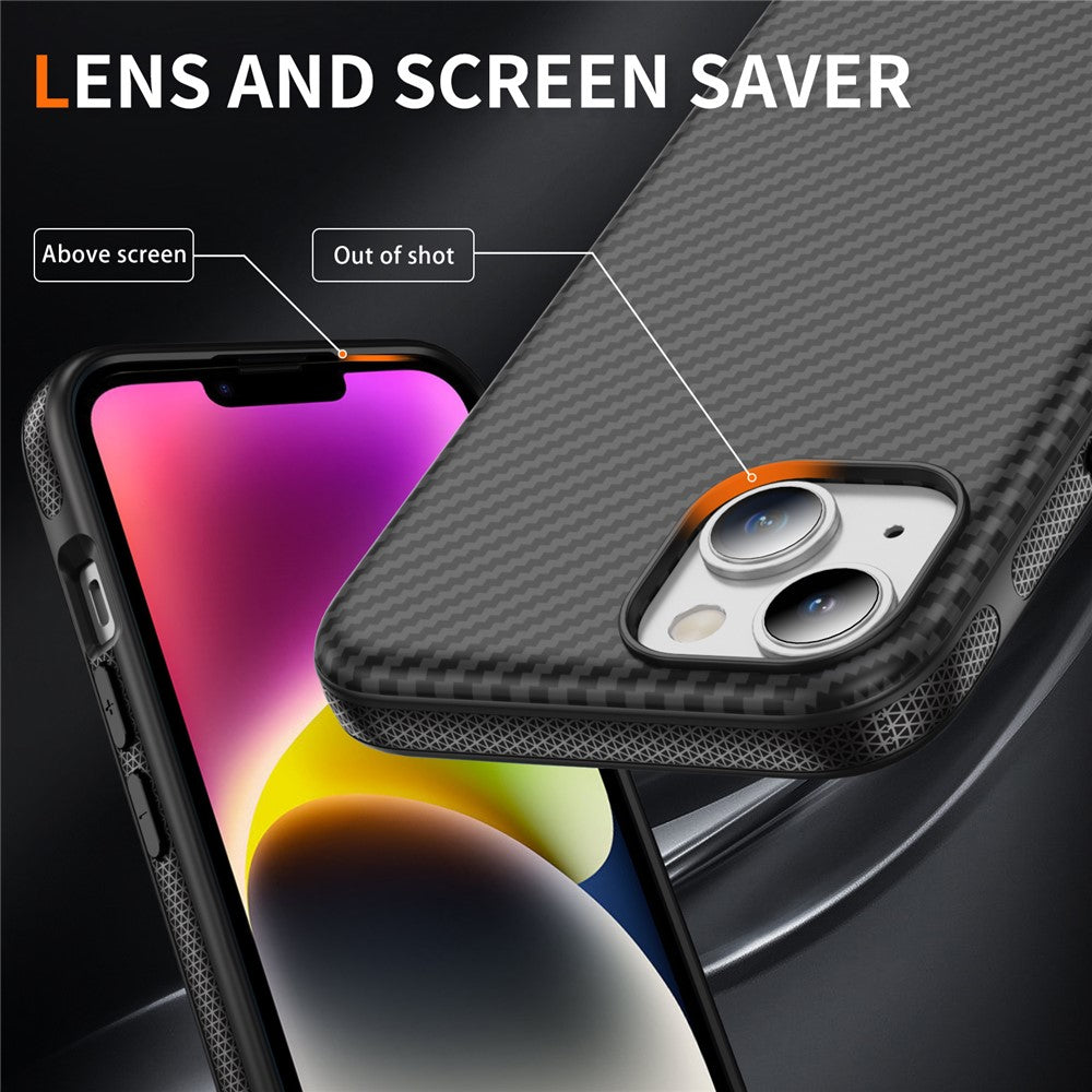 For iPhone 15 Plus / 14 Plus Skin-touch Case Carbon Fiber Texture PC + TPU Back Cover Compatible with MagSafe