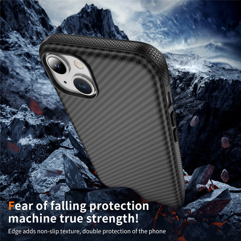 For iPhone 15 Plus / 14 Plus Skin-touch Case Carbon Fiber Texture PC + TPU Back Cover Compatible with MagSafe