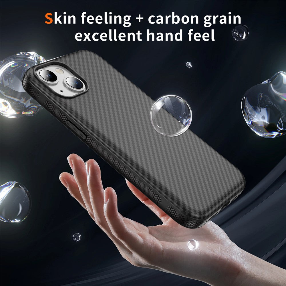 For iPhone 15 Plus / 14 Plus Skin-touch Case Carbon Fiber Texture PC + TPU Back Cover Compatible with MagSafe