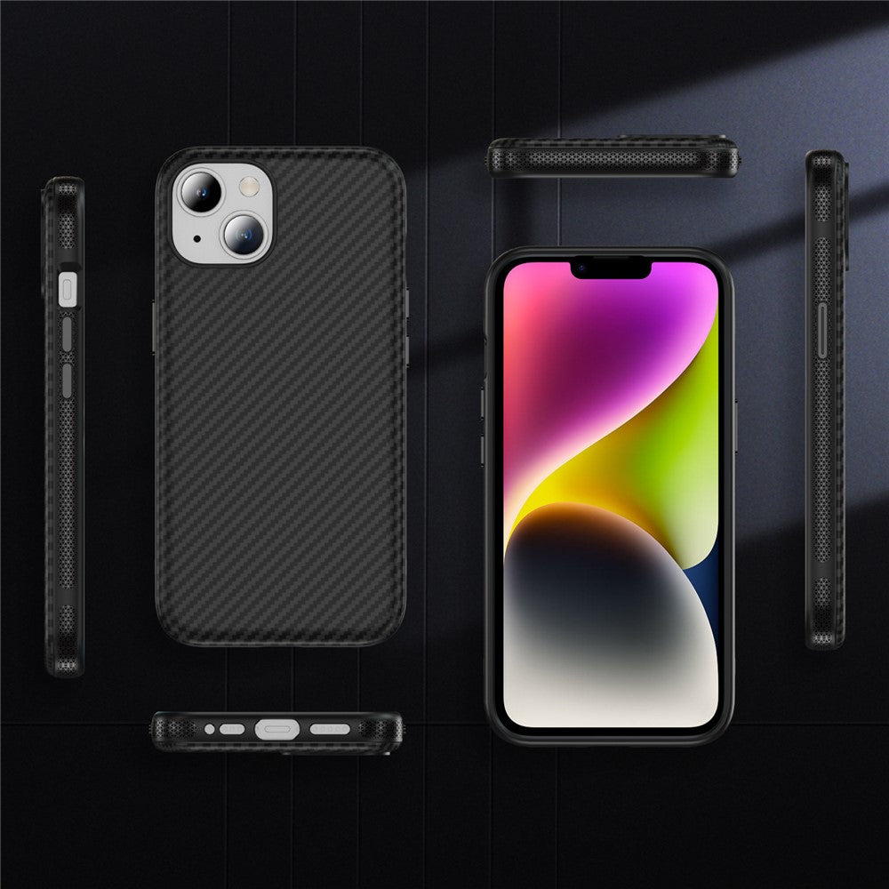 For iPhone 15 Plus / 14 Plus Skin-touch Case Carbon Fiber Texture PC + TPU Back Cover Compatible with MagSafe