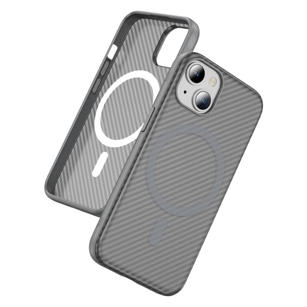For iPhone 15 Plus / 14 Plus Skin-touch Case Carbon Fiber Texture PC + TPU Back Cover Compatible with MagSafe