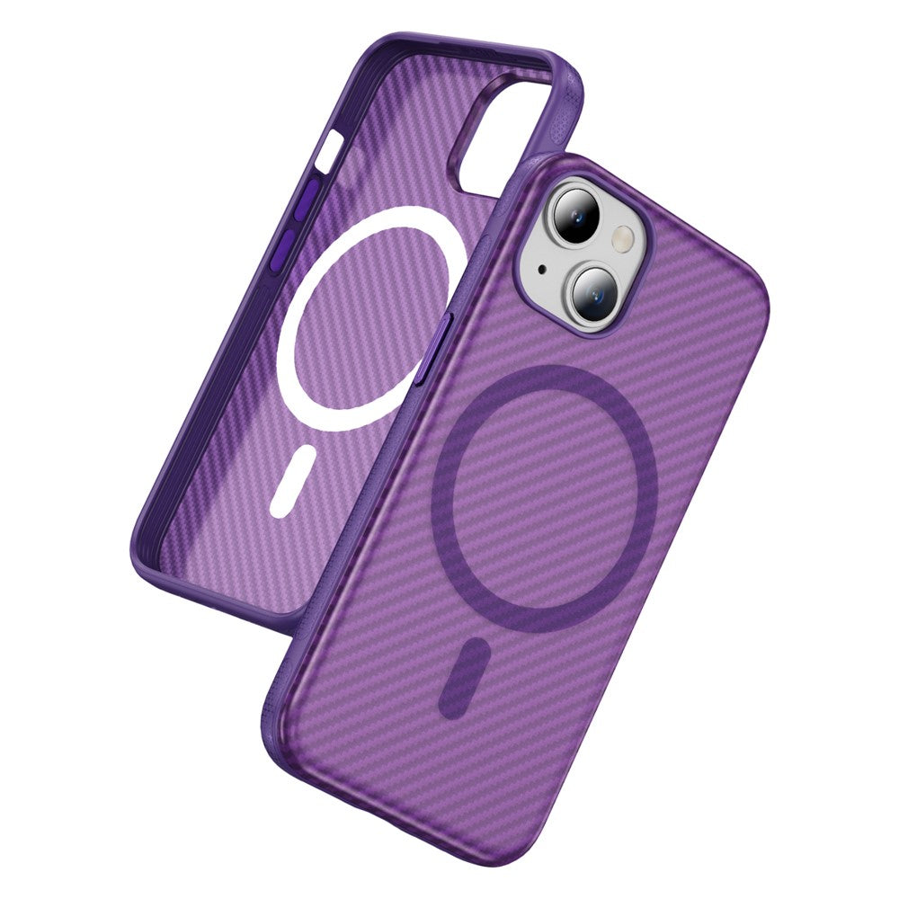For iPhone 15 Plus / 14 Plus Skin-touch Case Carbon Fiber Texture PC + TPU Back Cover Compatible with MagSafe