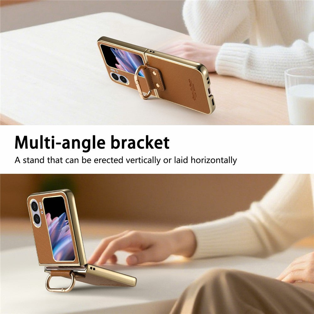 For Oppo Find N2 Flip 5G Case Electroplating Leather Coated PC Phone Cover with Spring Ring Buckle Kickstand