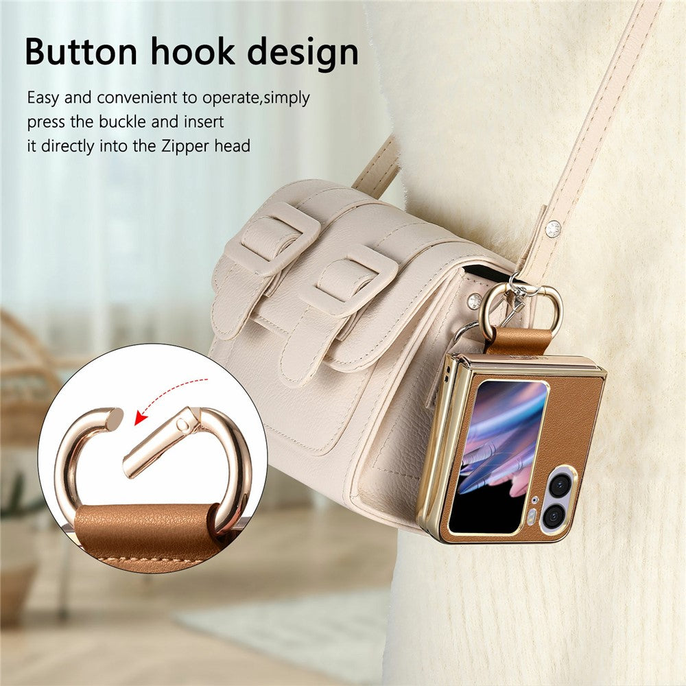 For Oppo Find N2 Flip 5G Case Electroplating Leather Coated PC Phone Cover with Spring Ring Buckle Kickstand