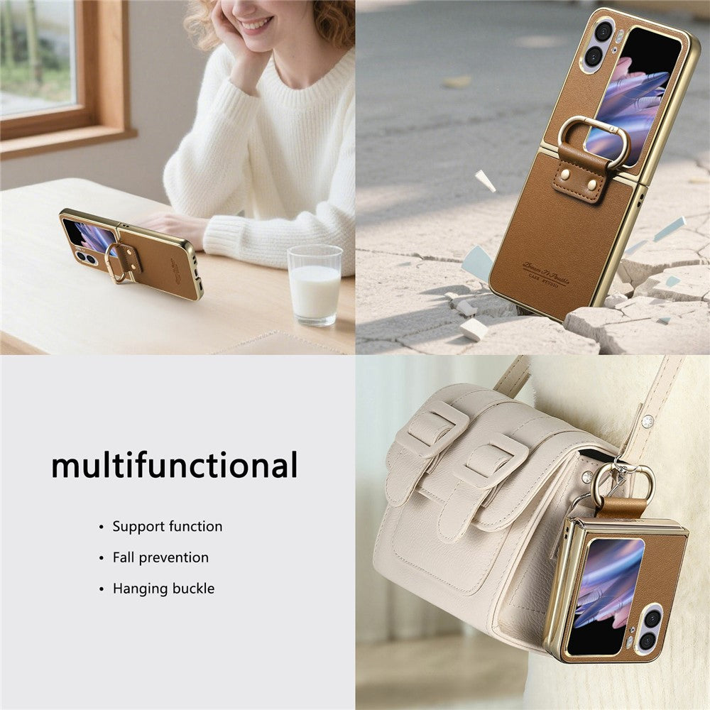 For Oppo Find N2 Flip 5G Case Electroplating Leather Coated PC Phone Cover with Spring Ring Buckle Kickstand