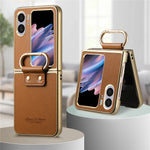 For Oppo Find N2 Flip 5G Case Electroplating Leather Coated PC Phone Cover with Spring Ring Buckle Kickstand