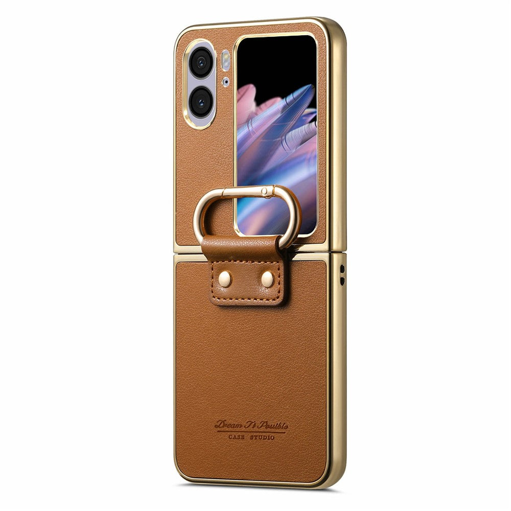For Oppo Find N2 Flip 5G Case Electroplating Leather Coated PC Phone Cover with Spring Ring Buckle Kickstand
