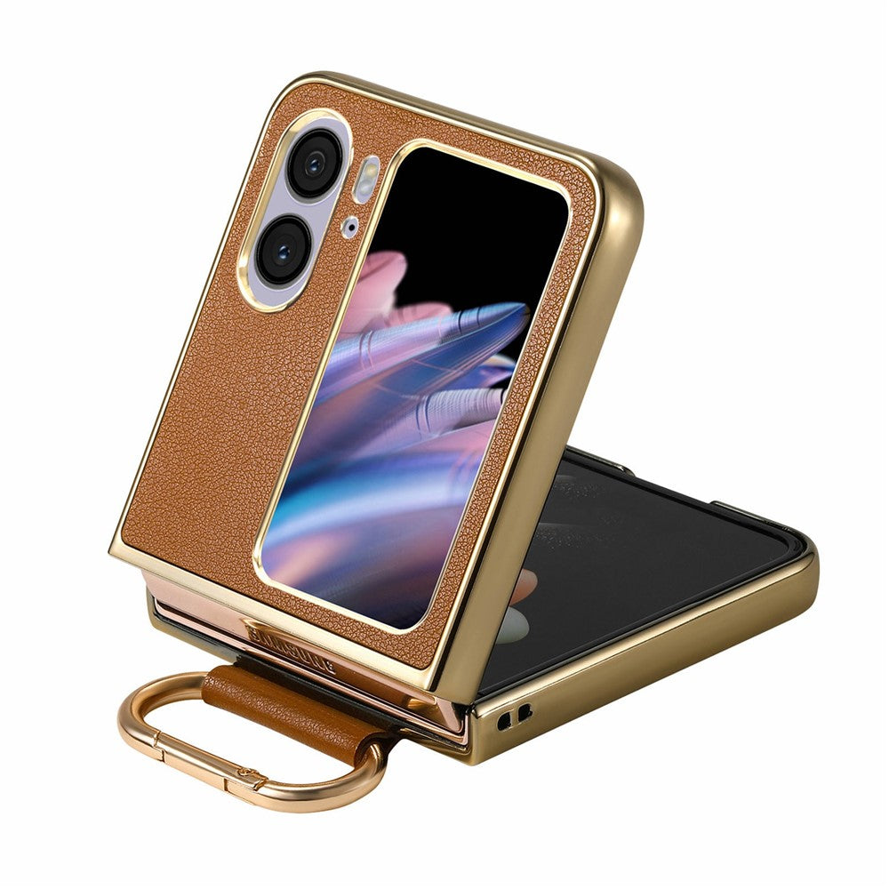 For Oppo Find N2 Flip 5G Case Electroplating Leather Coated PC Phone Cover with Spring Ring Buckle Kickstand