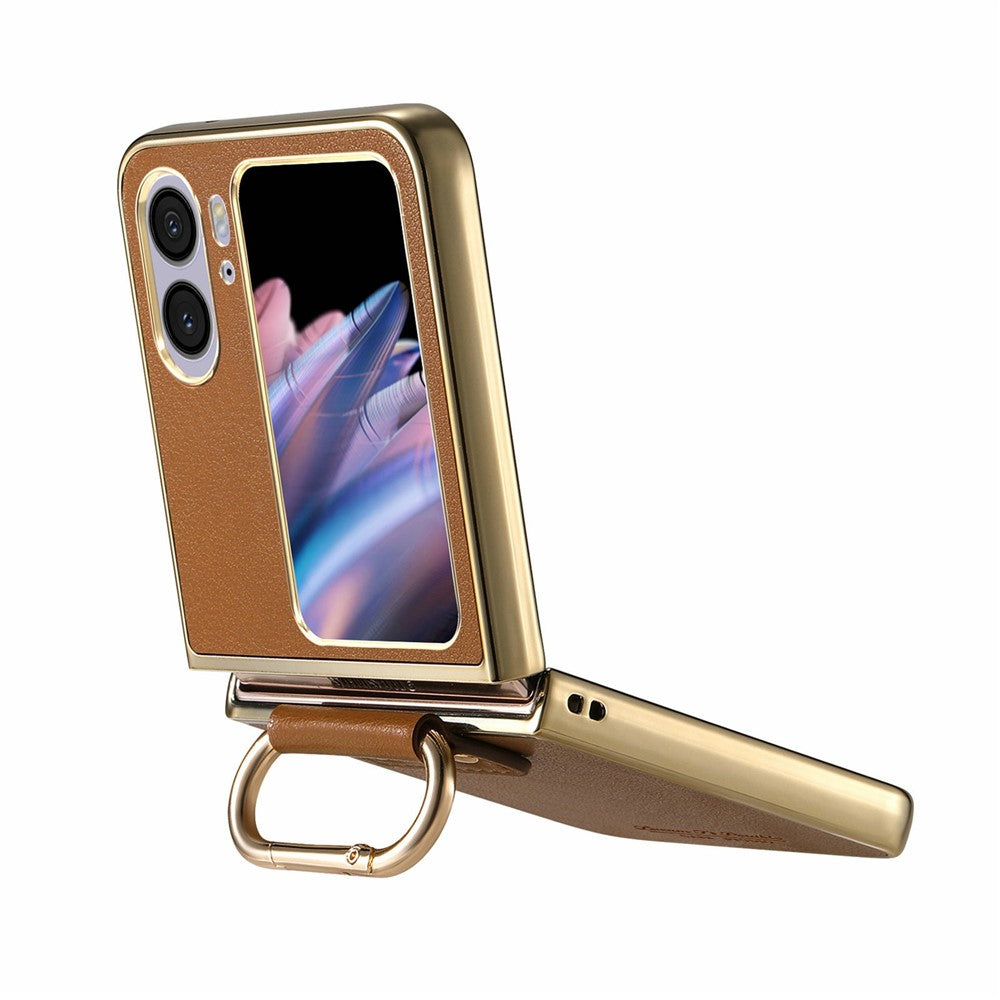For Oppo Find N2 Flip 5G Case Electroplating Leather Coated PC Phone Cover with Spring Ring Buckle Kickstand