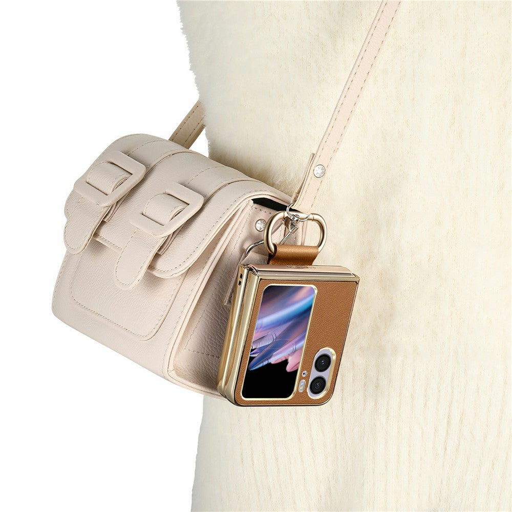For Oppo Find N2 Flip 5G Case Electroplating Leather Coated PC Phone Cover with Spring Ring Buckle Kickstand