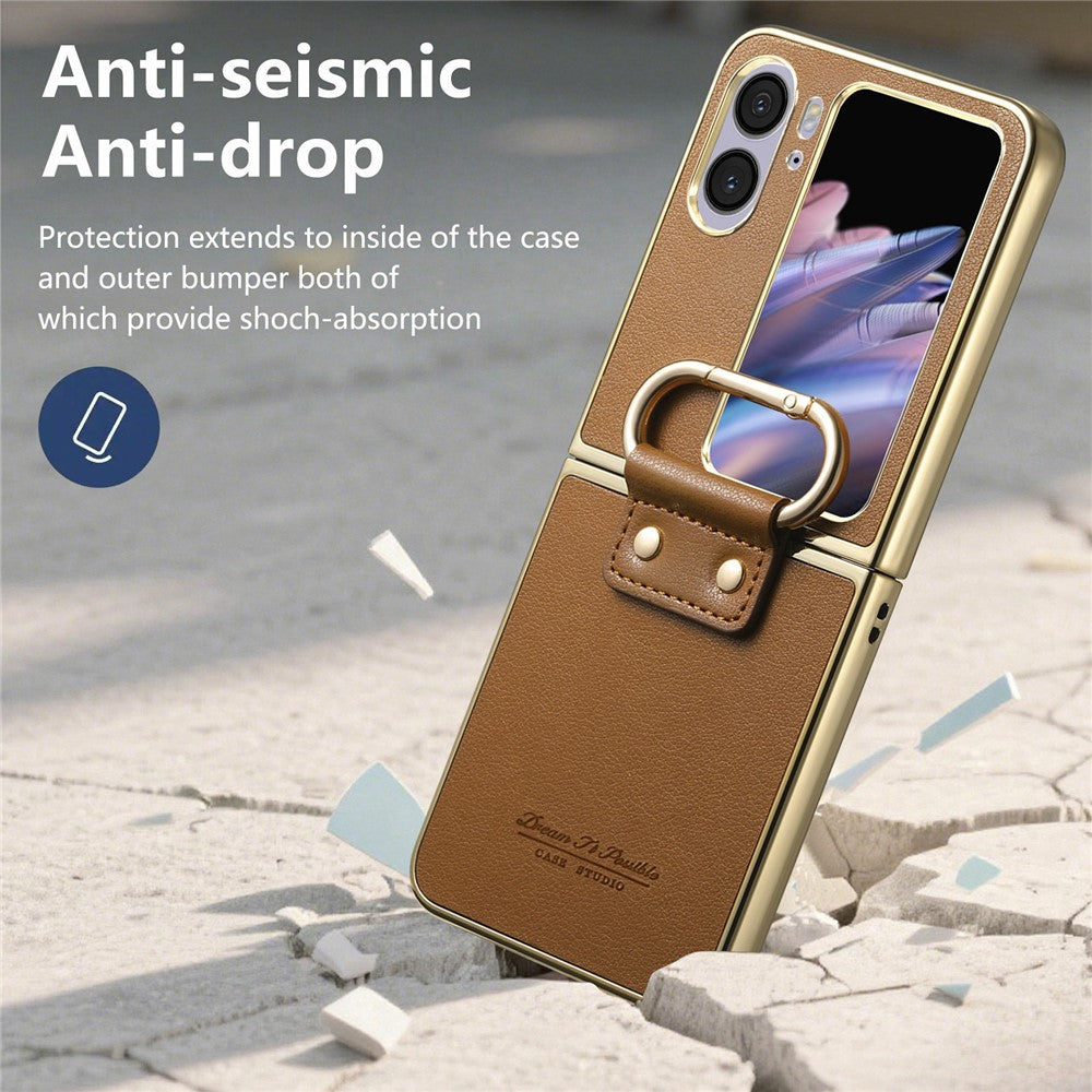 For Oppo Find N2 Flip 5G Case Electroplating Leather Coated PC Phone Cover with Spring Ring Buckle Kickstand