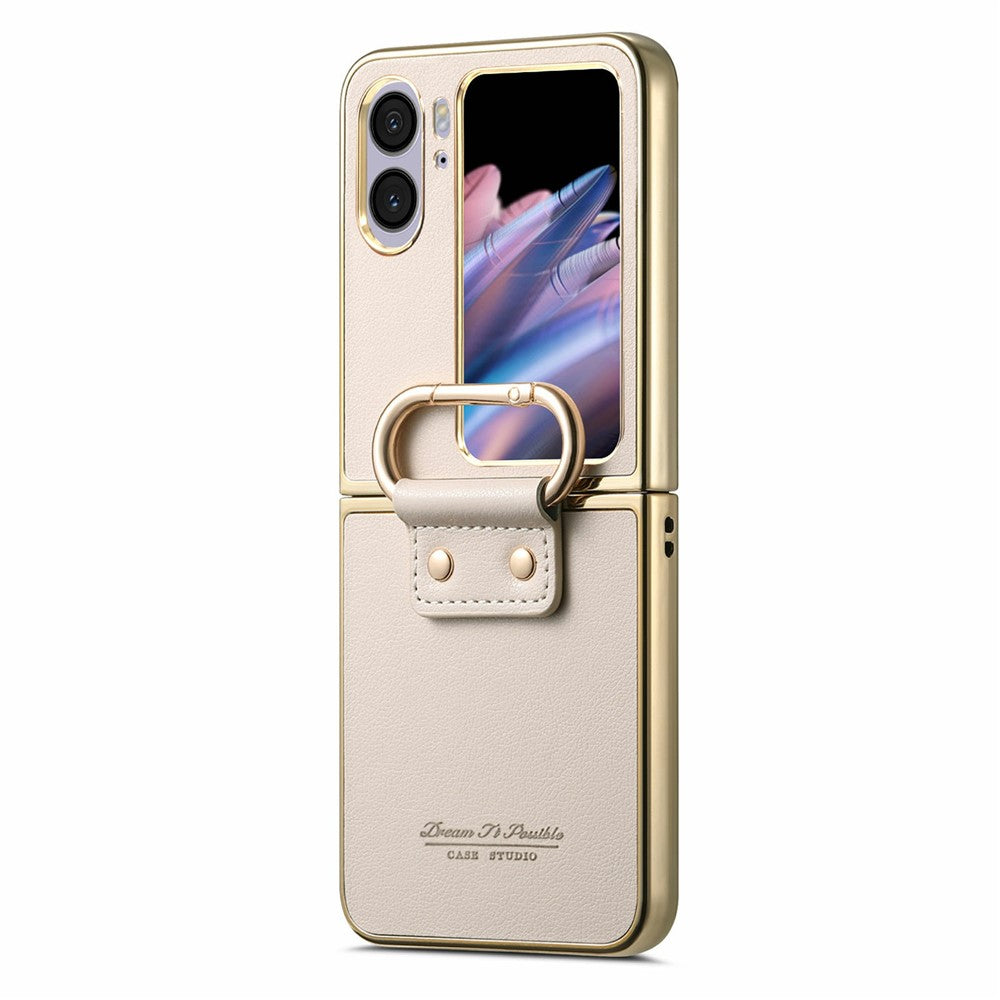 For Oppo Find N2 Flip 5G Case Electroplating Leather Coated PC Phone Cover with Spring Ring Buckle Kickstand