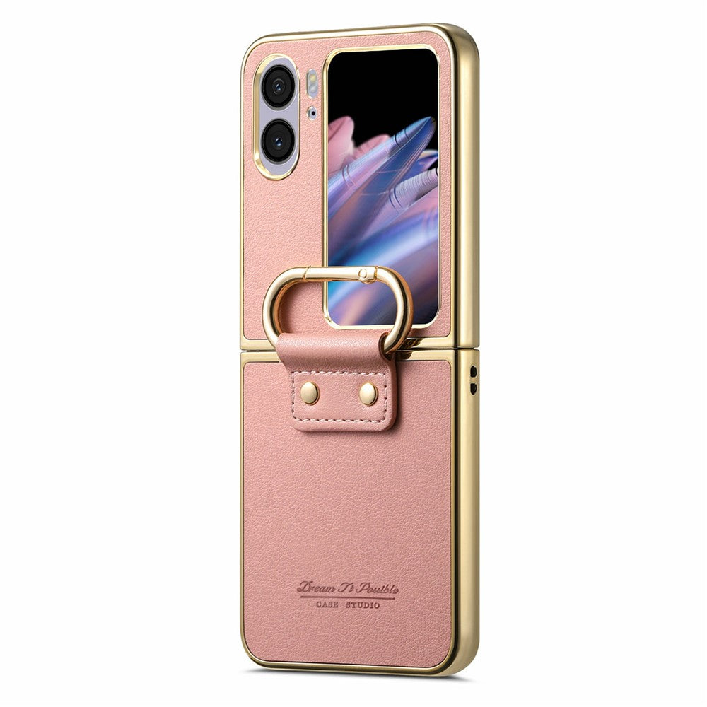 For Oppo Find N2 Flip 5G Case Electroplating Leather Coated PC Phone Cover with Spring Ring Buckle Kickstand
