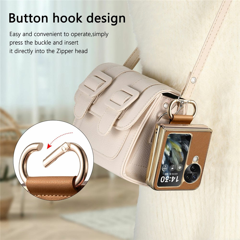 For Oppo Find N3 Flip 5G Case Electroplating Leather Coated PC Phone Cover with Spring Ring Buckle Kickstand