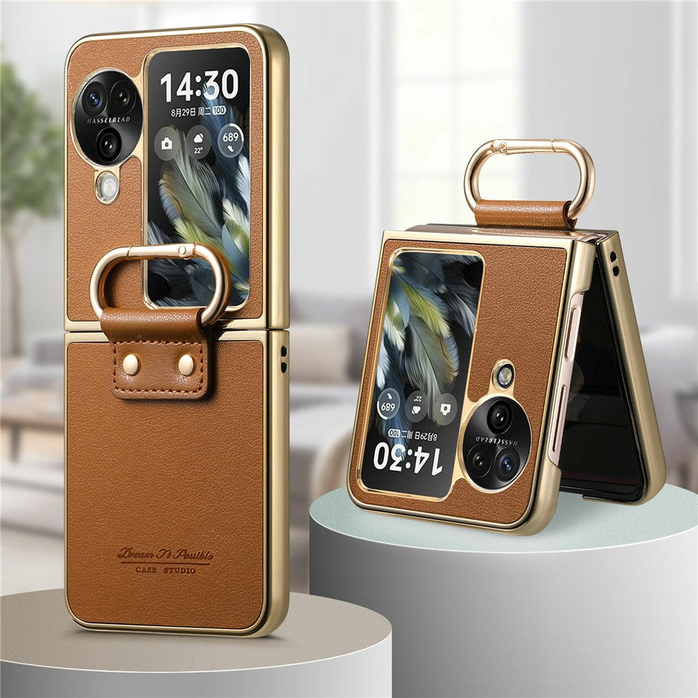For Oppo Find N3 Flip 5G Case Electroplating Leather Coated PC Phone Cover with Spring Ring Buckle Kickstand