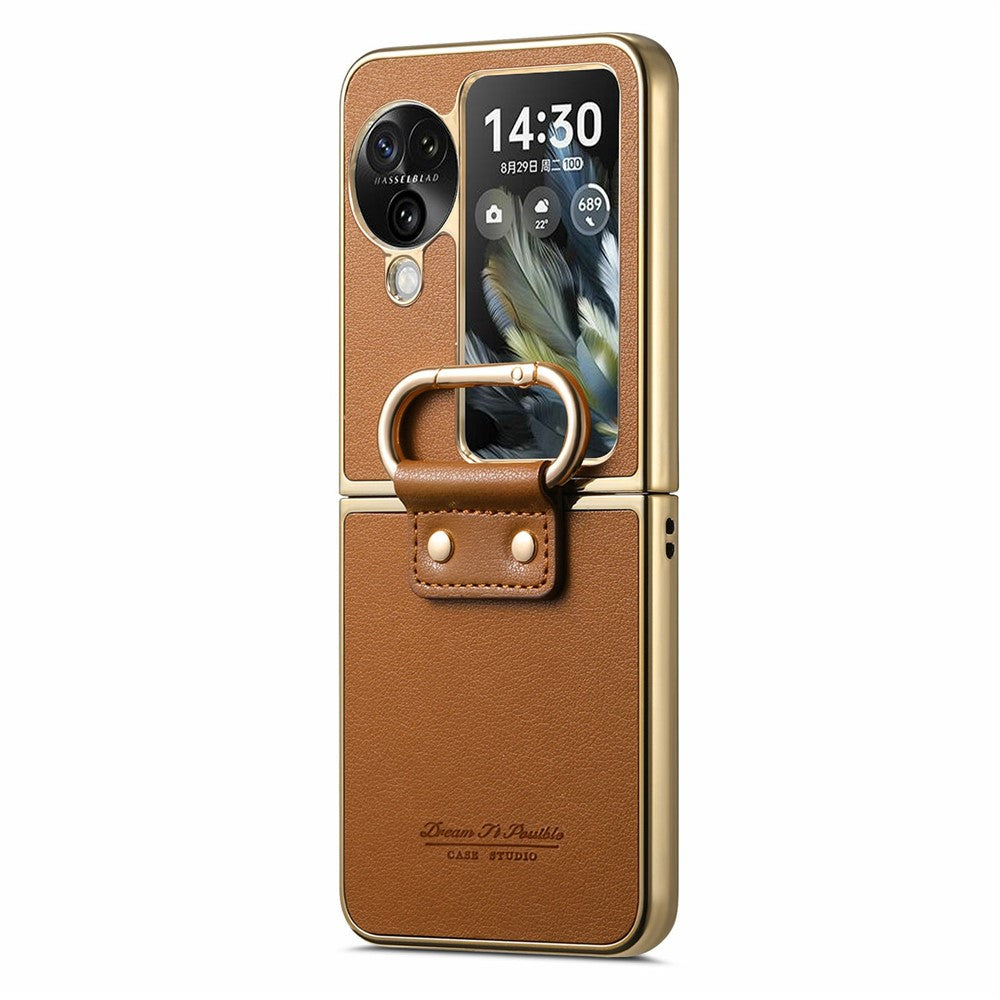 For Oppo Find N3 Flip 5G Case Electroplating Leather Coated PC Phone Cover with Spring Ring Buckle Kickstand