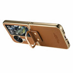 For Oppo Find N3 Flip 5G Case Electroplating Leather Coated PC Phone Cover with Spring Ring Buckle Kickstand