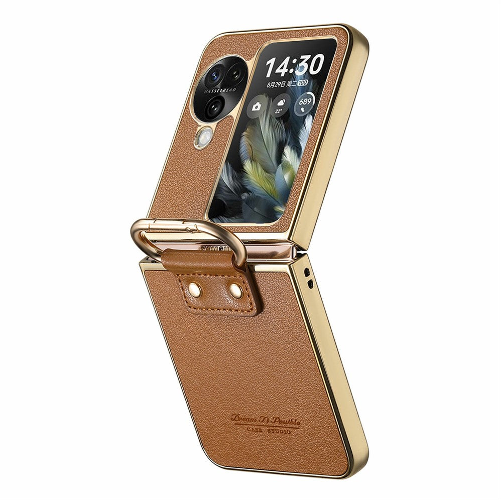 For Oppo Find N3 Flip 5G Case Electroplating Leather Coated PC Phone Cover with Spring Ring Buckle Kickstand