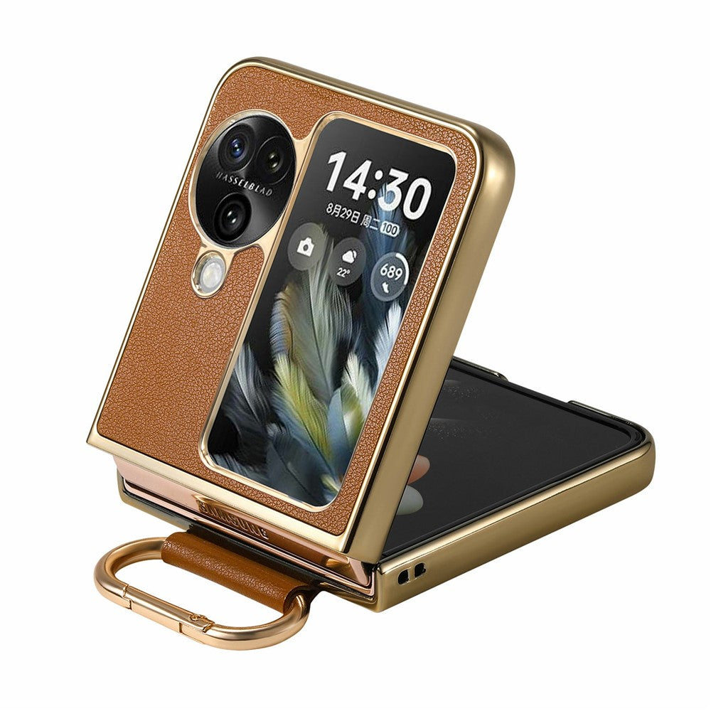 For Oppo Find N3 Flip 5G Case Electroplating Leather Coated PC Phone Cover with Spring Ring Buckle Kickstand