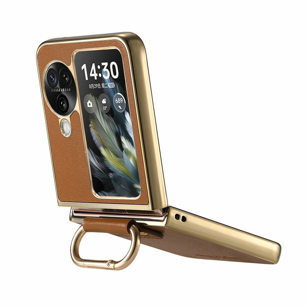 For Oppo Find N3 Flip 5G Case Electroplating Leather Coated PC Phone Cover with Spring Ring Buckle Kickstand