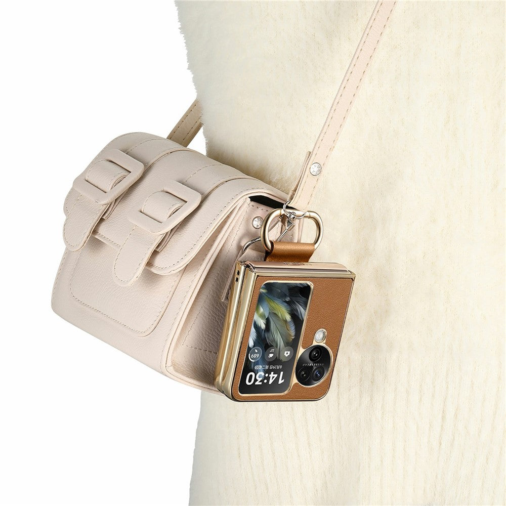 For Oppo Find N3 Flip 5G Case Electroplating Leather Coated PC Phone Cover with Spring Ring Buckle Kickstand