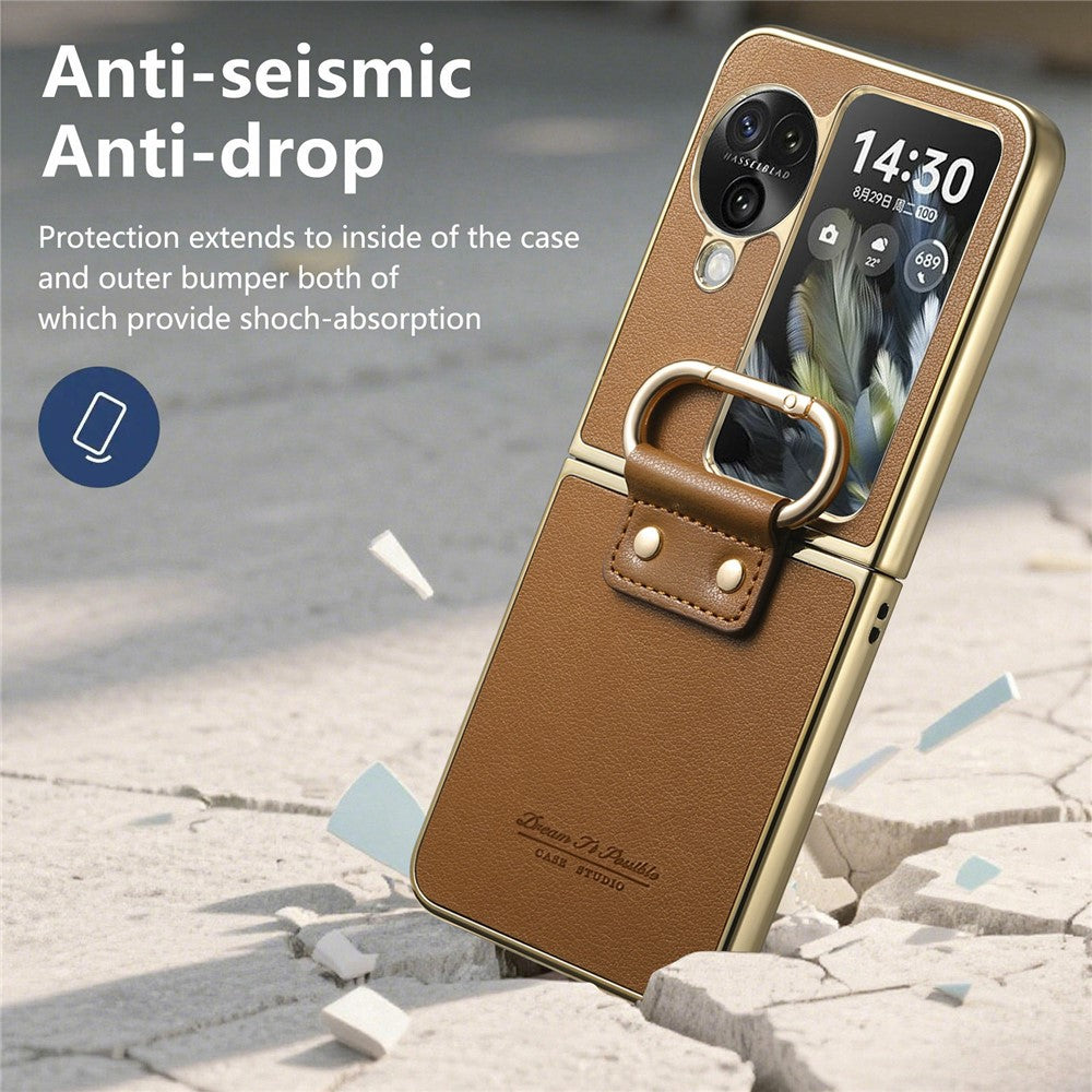 For Oppo Find N3 Flip 5G Case Electroplating Leather Coated PC Phone Cover with Spring Ring Buckle Kickstand