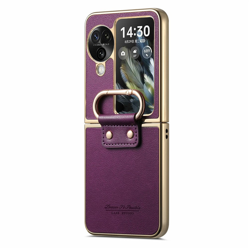 For Oppo Find N3 Flip 5G Case Electroplating Leather Coated PC Phone Cover with Spring Ring Buckle Kickstand