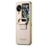 For Oppo Find N3 Flip 5G Case Electroplating Leather Coated PC Phone Cover with Spring Ring Buckle Kickstand