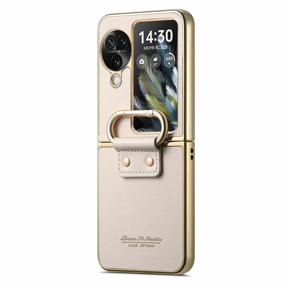 For Oppo Find N3 Flip 5G Case Electroplating Leather Coated PC Phone Cover with Spring Ring Buckle Kickstand