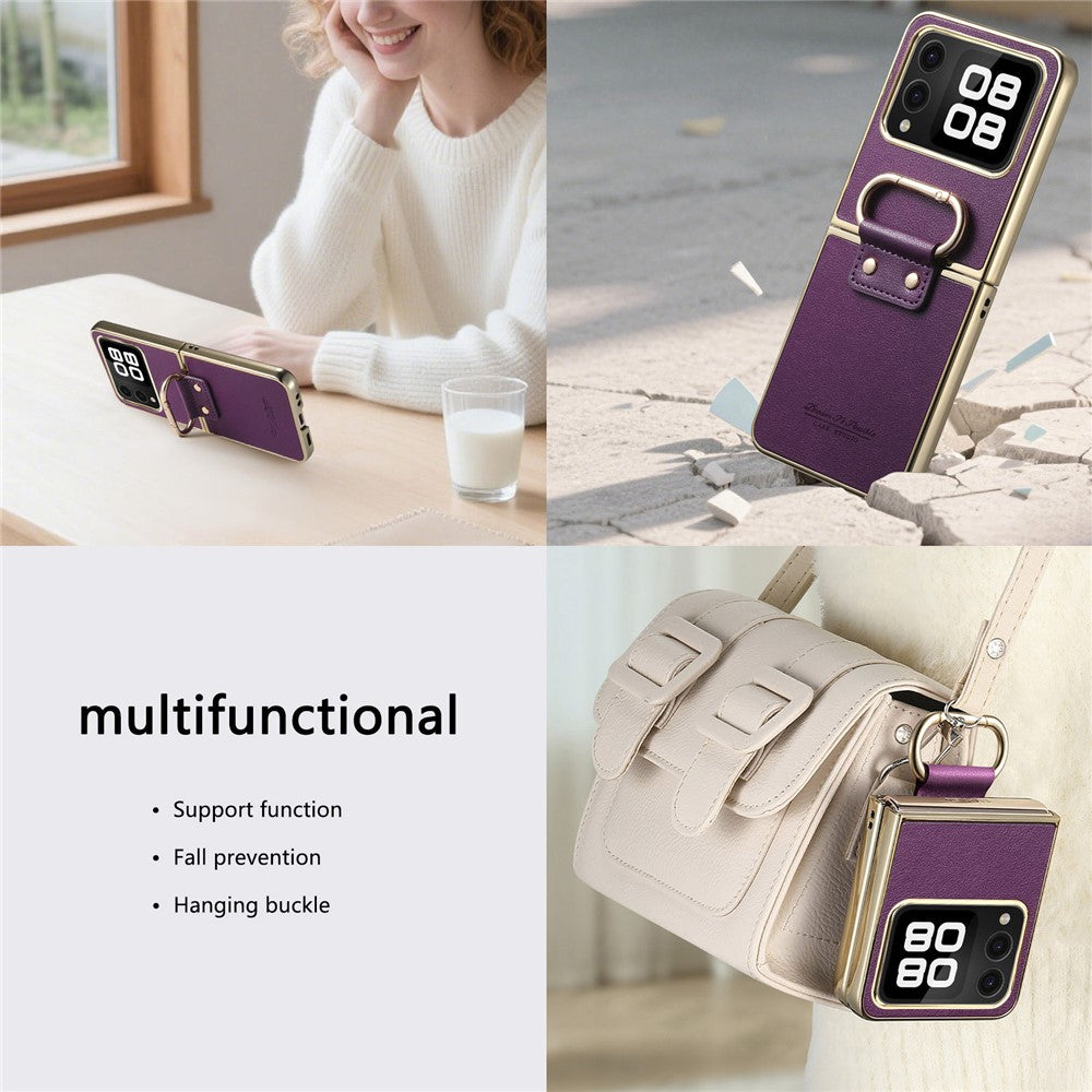 For Huawei nova Flip 5G Case Electroplating Leather Coated PC Phone Cover with Spring Ring Buckle Kickstand