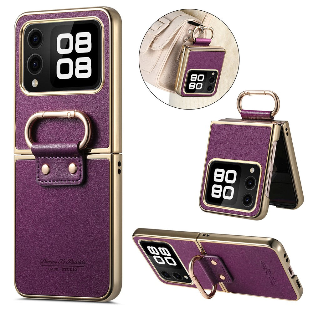 For Huawei nova Flip 5G Case Electroplating Leather Coated PC Phone Cover with Spring Ring Buckle Kickstand