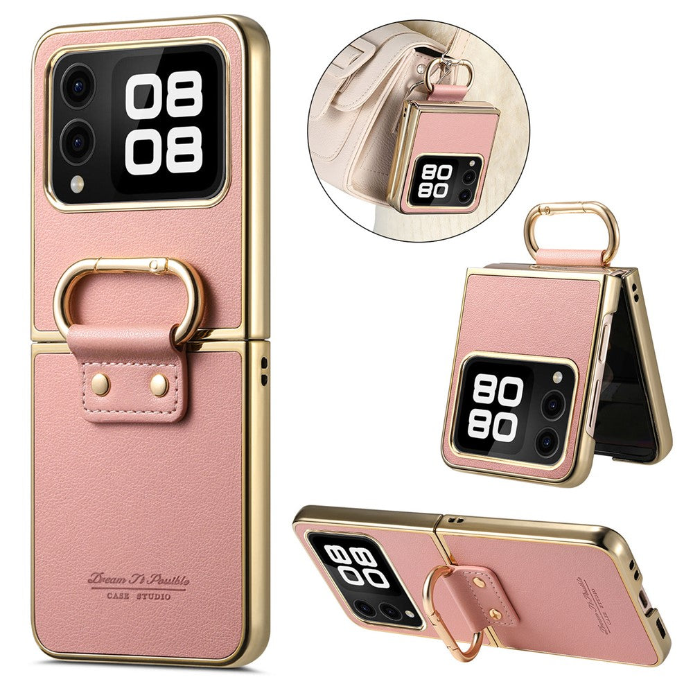 For Huawei nova Flip 5G Case Electroplating Leather Coated PC Phone Cover with Spring Ring Buckle Kickstand