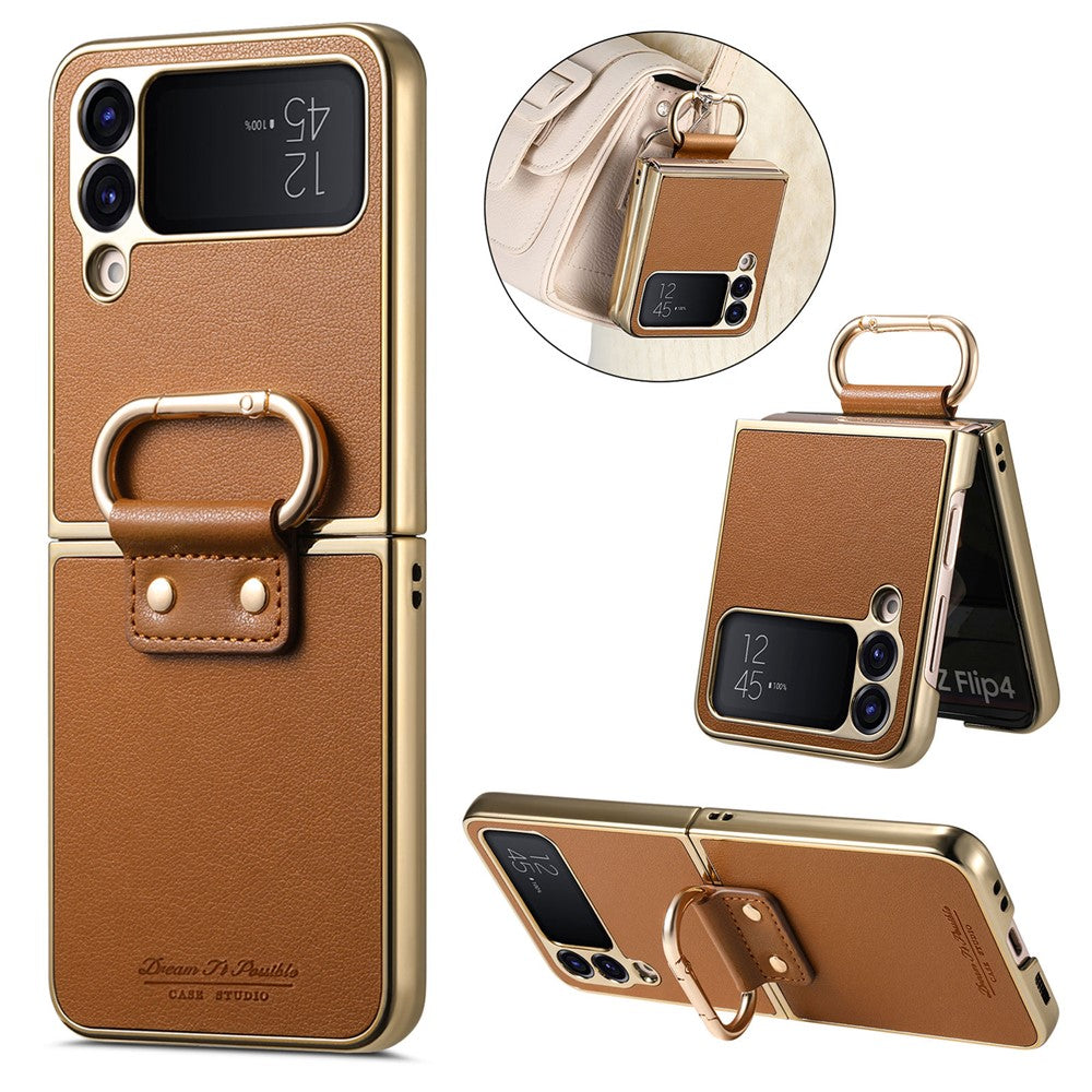 Til Samsung Galaxy Z Flip4 5G cover Galvaniseret læderbelagt PC-telefoncover med fjederringspændefod