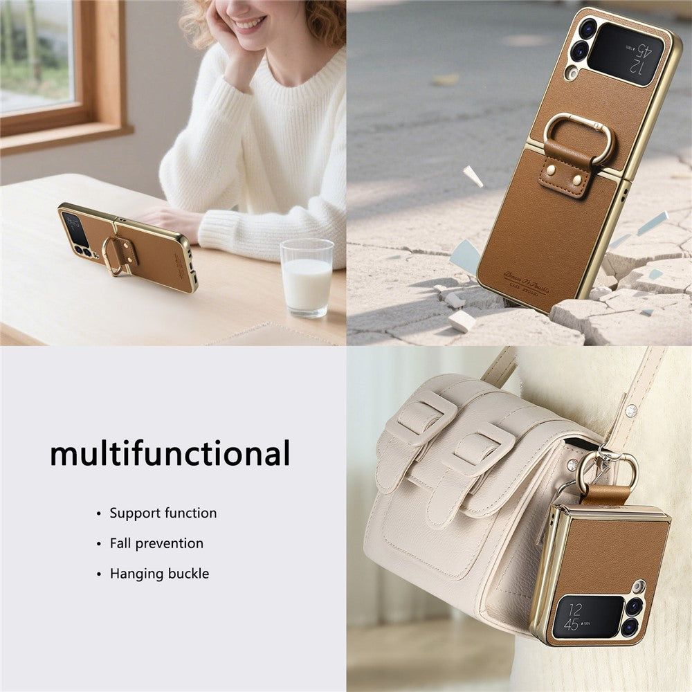 Til Samsung Galaxy Z Flip4 5G cover Galvaniseret læderbelagt PC-telefoncover med fjederringspændefod