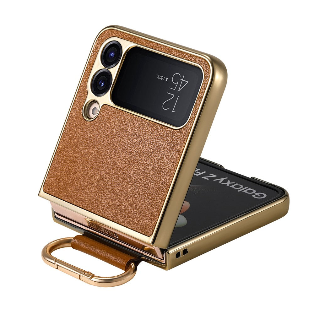 Til Samsung Galaxy Z Flip4 5G cover Galvaniseret læderbelagt PC-telefoncover med fjederringspændefod