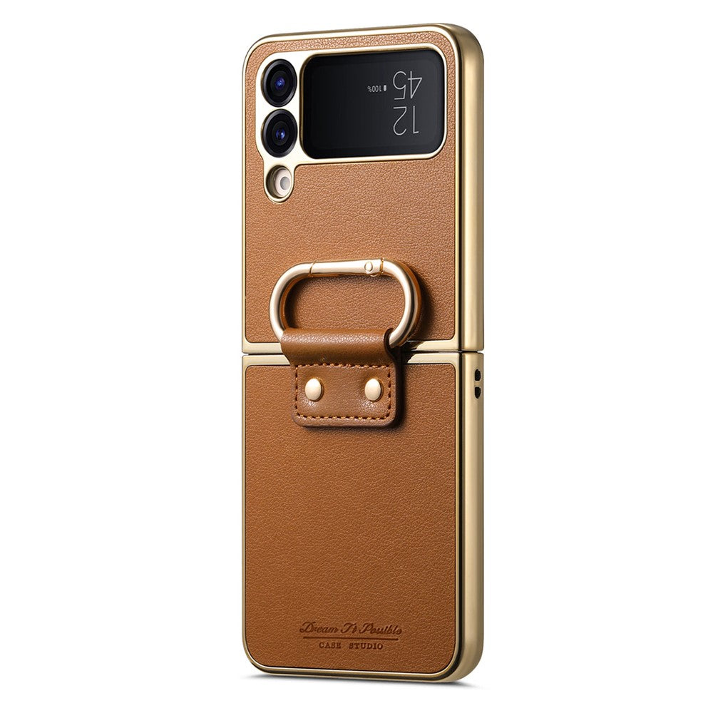Til Samsung Galaxy Z Flip4 5G cover Galvaniseret læderbelagt PC-telefoncover med fjederringspændefod