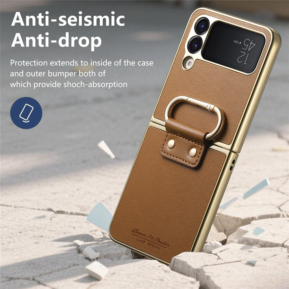 Til Samsung Galaxy Z Flip4 5G cover Galvaniseret læderbelagt PC-telefoncover med fjederringspændefod