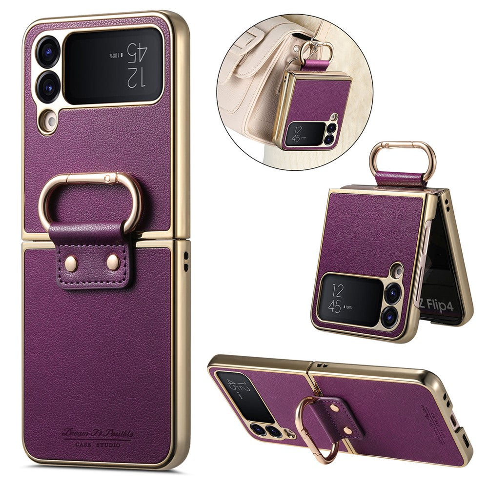 Til Samsung Galaxy Z Flip4 5G cover Galvaniseret læderbelagt PC-telefoncover med fjederringspændefod