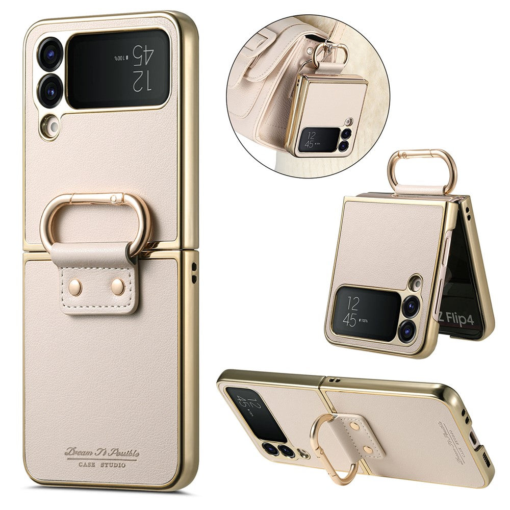 Til Samsung Galaxy Z Flip4 5G cover Galvaniseret læderbelagt PC-telefoncover med fjederringspændefod