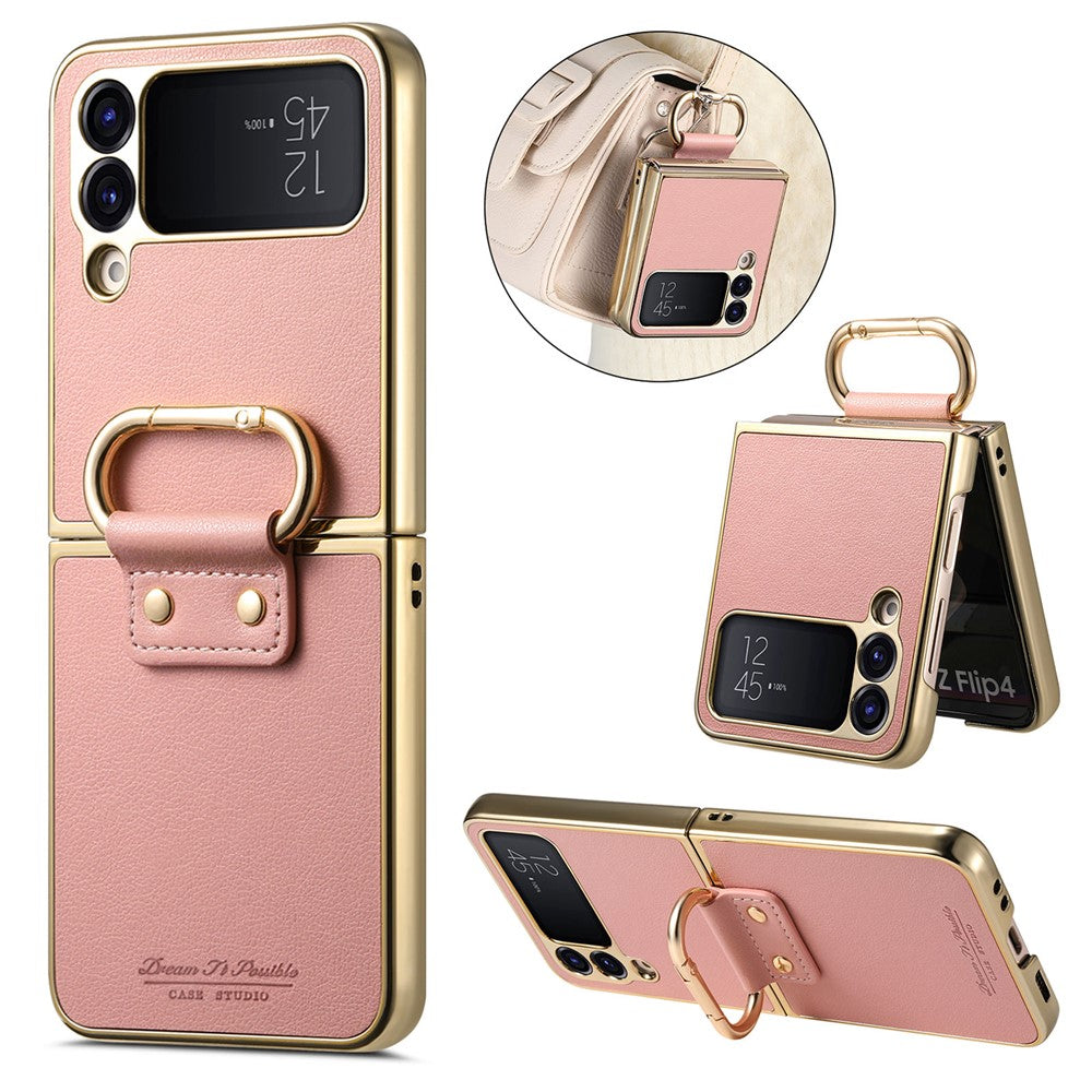 Til Samsung Galaxy Z Flip4 5G cover Galvaniseret læderbelagt PC-telefoncover med fjederringspændefod