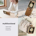 For Samsung Galaxy Z Flip5 5G Case Electroplating Leather Coated PC Phone Cover with Spring Ring Buckle Kickstand