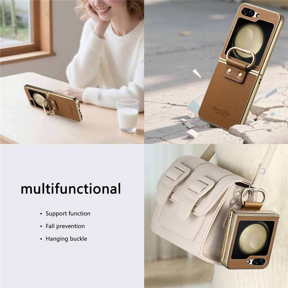 For Samsung Galaxy Z Flip5 5G Case Electroplating Leather Coated PC Phone Cover with Spring Ring Buckle Kickstand
