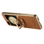 For Samsung Galaxy Z Flip5 5G Case Electroplating Leather Coated PC Phone Cover with Spring Ring Buckle Kickstand
