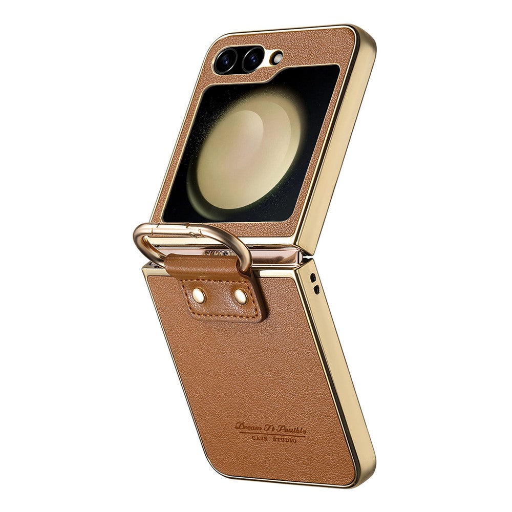 For Samsung Galaxy Z Flip5 5G Case Electroplating Leather Coated PC Phone Cover with Spring Ring Buckle Kickstand