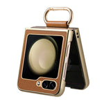 For Samsung Galaxy Z Flip5 5G Case Electroplating Leather Coated PC Phone Cover with Spring Ring Buckle Kickstand