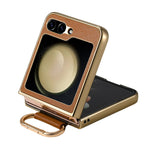For Samsung Galaxy Z Flip5 5G Case Electroplating Leather Coated PC Phone Cover with Spring Ring Buckle Kickstand