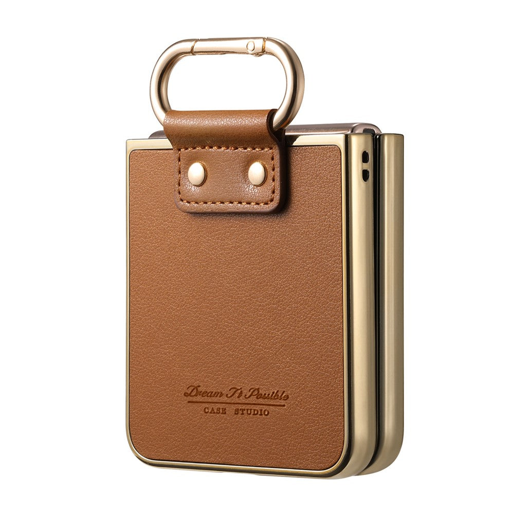 For Samsung Galaxy Z Flip5 5G Case Electroplating Leather Coated PC Phone Cover with Spring Ring Buckle Kickstand