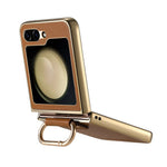For Samsung Galaxy Z Flip5 5G Case Electroplating Leather Coated PC Phone Cover with Spring Ring Buckle Kickstand