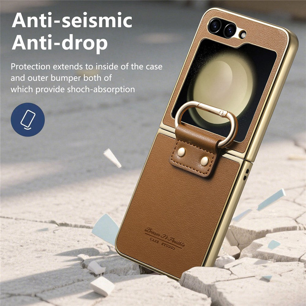 For Samsung Galaxy Z Flip5 5G Case Electroplating Leather Coated PC Phone Cover with Spring Ring Buckle Kickstand