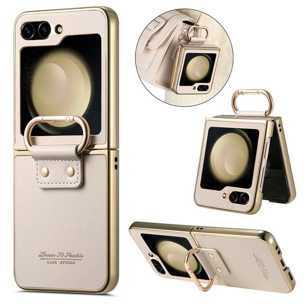 For Samsung Galaxy Z Flip5 5G Case Electroplating Leather Coated PC Phone Cover with Spring Ring Buckle Kickstand